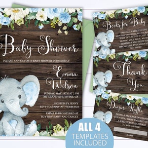 Blue Floral Elephant Baby Shower Invite Elephant Baby Shower Invitation Printable Elephant Invitation Instand download Baby Elephant