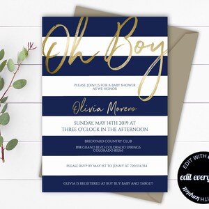 Blue Oh Boy Baby Shower Invitation Blue Striped Baby Shower Invite Boy Oh Boy Baby Shower Invitation Navy Stripes Baby Shower Invitation