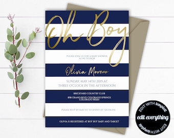 Blau gestreifte Oh Boy Baby Shower Einladung (digitaler Download)