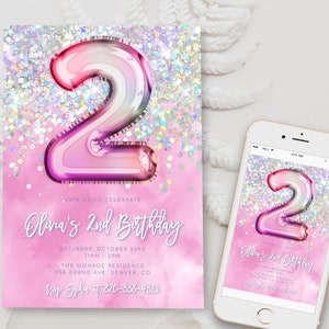 Editable Pink 2nd Birthday Invitation Template Glitter Birthday Party Invite Rainbow Foil Girl Second Birthday Instant Download Digital BD16