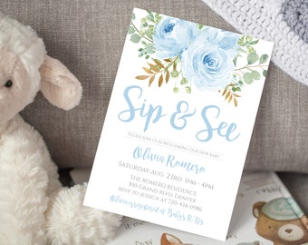 Editable Floral Sip and see Baby Shower Invitation Template Boy Sip n See Invitation Blue Floral Sip and See Invite Printable Sip n See