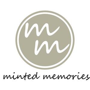 May include: A logo for a business called "minted memories" featuring a circle with two white "M"s inside and a gray background.