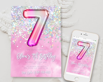 Editable Pink 7th Birthday Invitation Template Glitter Birthday Invite Rainbow Foil Girl Seventh Birthday Instant Download Digital BD16