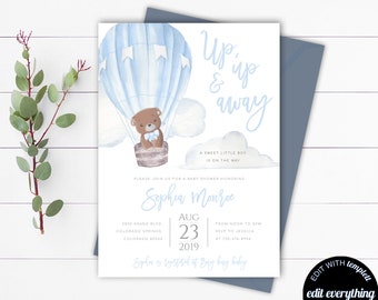 Teddy bear Hot Air Balloon Baby Shower Invitation Template Up Up and Away Hot Air Balloon Invitation Editable Baby Boy Baby Shower Invite