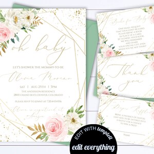 May include: A baby shower invitation with a gold geometric frame and pink and white floral design. The text reads "Oh Baby! Let's shower the mommy-to-be Olivia Moreno. Sat Aug 25th | 3pm. The Anderson Residence. 2800 Grand Blvd Denver, Colorado. Please RSVP to Jenny at 720-445-4556."