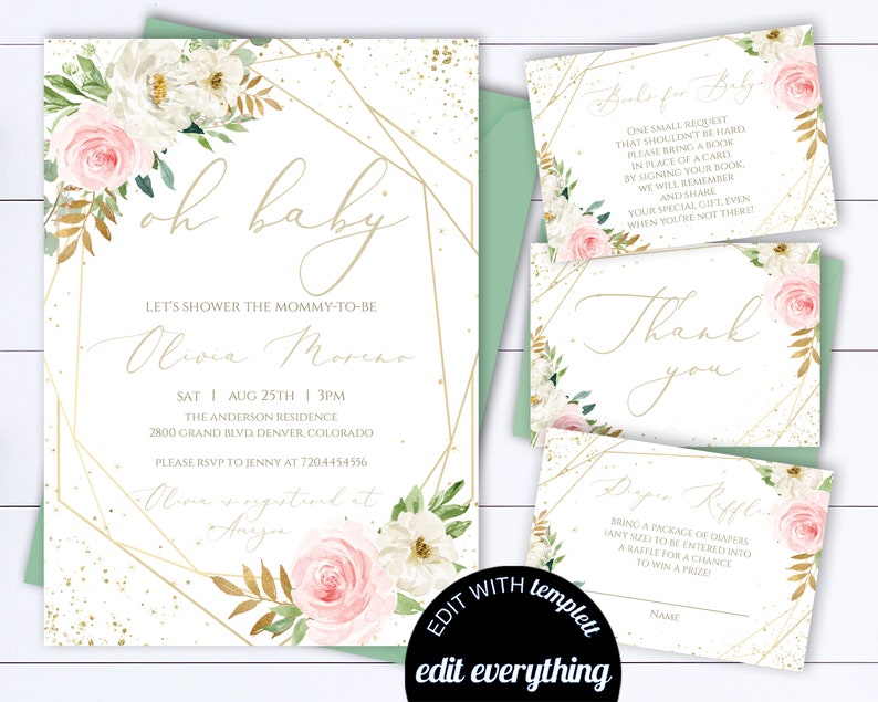 May include: A baby shower invitation with a gold geometric frame and pink and white floral design. The text reads "Oh Baby! Let's shower the mommy-to-be Olivia Moreno. Sat Aug 25th | 3pm. The Anderson Residence. 2800 Grand Blvd Denver, Colorado. Please RSVP to Jenny at 720-445-4556."
