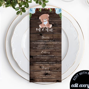 Bear Baby Shower Menu Template Bear Menu Cards Teddy Bear Birthday Menu Card Baby Shower Menu Card Printable Birthday Menu Cards