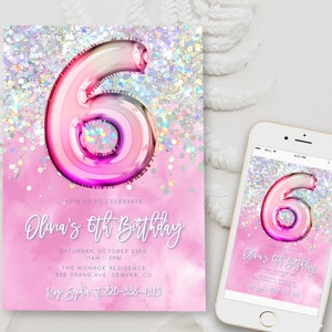 Editable Pink 6th Birthday Invitation Template Glitter Birthday Party Invite Rainbow Foil Girl Sixth Birthday Instant Download Digital BD16