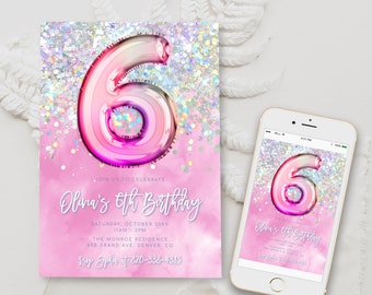 Editable Pink 6th Birthday Invitation Template Glitter Birthday Party Invite Rainbow Foil Girl Sixth Birthday Instant Download Digital BD16