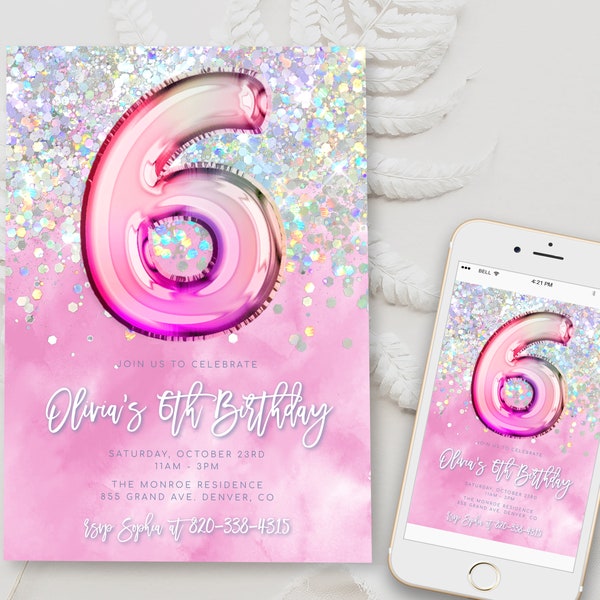 Modello modificabile di invito per il 6° compleanno rosa Invito per festa di compleanno glitter Arcobaleno Foil Girl sesto compleanno Download immediato digitale BD16