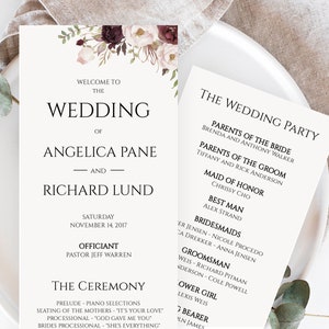 May include: Wedding program with floral accents. The program includes the names of the bride and groom, the date, and the ceremony details. The text reads "Welcome to the Wedding of Angelica Pane and Richard Lund."