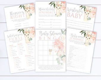 Peach Floral Llama Baby Shower Games Llama Printable Baby Shower Games Package Llama Baby Shower Activity Llama Printable Baby Shower Games