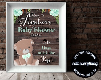 Mint Bear Baby Shower Welcome Sign Baby Welcome Sign Teddy Bear Baby Shower Decor Welcome Shower Sign Printable Welcome Sign Printable Sign