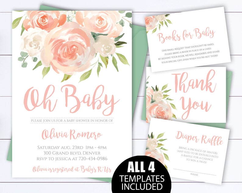 Pink Floral Baby Shower Invitation Template Watercolor Baby Shower Invite Girl Baby Shower Flower Invitation Greenery Baby Shower Invite