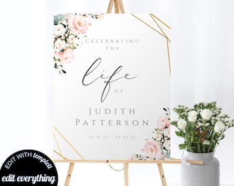 Editable Celebration of Life Welcome Sign Template Blush Floral Memorial Sign Celebrating The Life of Funeral Sign Printable Funeral FT06