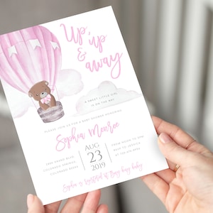 Bear Hot Air Balloon Baby Shower Invitation Template Up Up and Away Hot Air Balloon Invitation Editable Baby Girl Baby Shower Invite