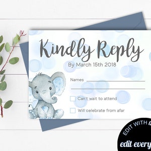 Elephant Baby Shower RSVP Card Baby Shower Response Card RSVP cards Printable Rsvp Card Printable Response Card Rsvp Card Template