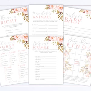 Pink Floral Baby Shower Games Printable Baby Shower Games Package Baby Shower Activity Printable Baby Shower Bingo Baby Shower Printable