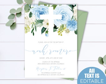 Blue Floral Baptism Invitation Template Boy Baptism Invitation Printable Baptism Invites Christening Invite Baby Boy Baptism Invite