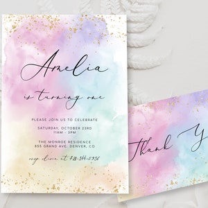 Editable Rainbow Birthday Invitation Template Watercolor Gold Glitter Birthday Invite Colorful Sprinkles Pastel 1st Birthday 2nd 3rd BD13