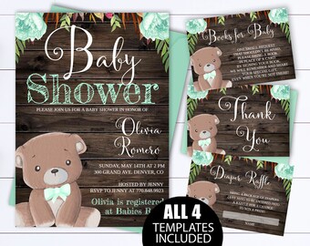 Mint Bear Rustic Baby Shower Invitation Bear Baby Shower Invite Woodland Baby Shower Invitation Teddy Bear Baby Shower Teddy Bear Invitation