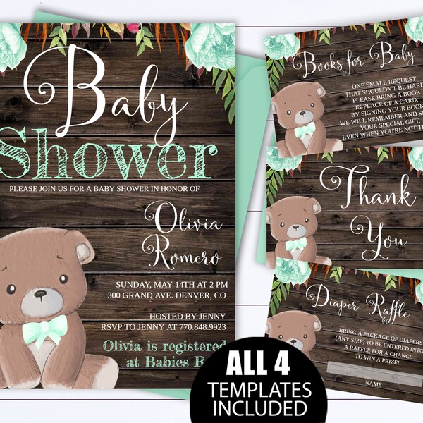 Mint Bear rustieke baby shower uitnodiging Bear baby shower uitnodigen Woodland baby shower uitnodiging Teddybeer baby shower teddybeer uitnodiging