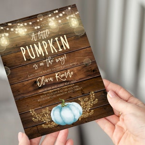 Editable Little Pumpkin Baby Shower Invitation Template A Little Pumpkin Is On The Way Baby Shower Blue Pumpkin Patch Fall Baby Sprinkle