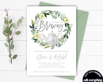 Plantilla de invitación para baby shower de fiesta de té Invitación para fiesta de té de baby shower Invitación de baby shower de té Un bebé se está preparando Invitación para baby shower