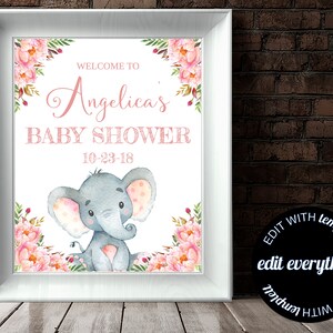 Rosa Elefant Floral Baby-Dusche-Willkommens-Zeichen Baby-Willkommens-Zeichen Rosa Baby-Dusche-Dekor-Willkommens-Dusche-Zeichen druckbare Willkommensschild druckbare