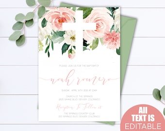 Pink Floral Baptism Invitation Template Girl Baptism Invitation Printable Baptism Invites Christening Invite Baby Girl Baptism Invitation