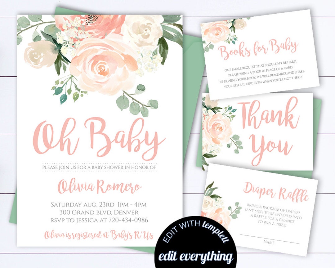 Floral Baby Shower Invitation Template Floral Watercolor Baby Shower ...