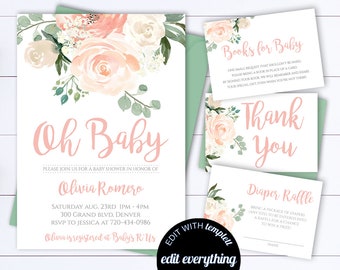 Floral Baby Shower Invitation Template Floral Watercolor Baby Shower Invite Girl Baby Shower Flower Invitation Greenery Baby Shower Invite