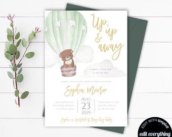 Inbjudan till babyshower med varmluftsballong och nallebjörn, könsneutral, upp och bort, inbjudan till babyshower med varmluftsballong och nallebjörn, könsneutral, inbjudan till babyshower
