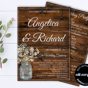 Rustic Wedding Program Template - Printable Wedding Program - Editable Program - Instant Download Ceremony Program - Rustic Wedding Programs