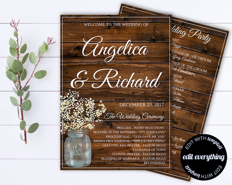 May include: A rustic wedding invitation with a woodgrain background. The invitation features the names "Angelica & Richard" in white cursive font and the date "December 23, 2017". The invitation also includes a list of the wedding ceremony events.