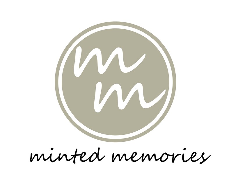 May include: A logo for a business called "minted memories" featuring a circle with two white "M"s inside and a gray background.