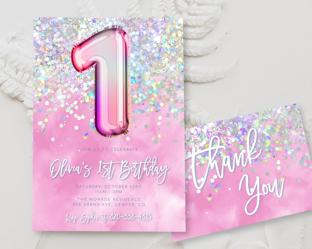 Editable Pink 1st Birthday Invitation Template Glitter - Etsy