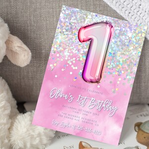 Editable Pink 1st Birthday Invitation Template Glitter Birthday Party