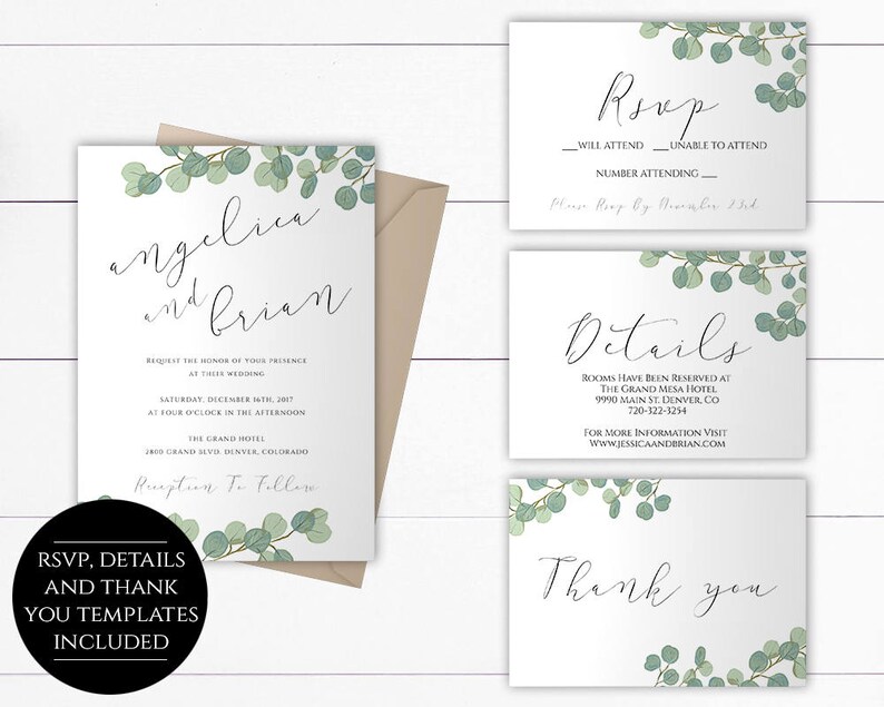 Eucalyptus Wedding Invitation Template Eucalyptus Greenery Wedding Invitation Template Green Eucalyptus Leaves Wedding Invitation Set