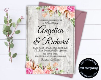 Rustic Floral Wedding Invitation Template Barn Wedding Template Floral Wedding Printable Invitation Rustic Invitation Wedding Template