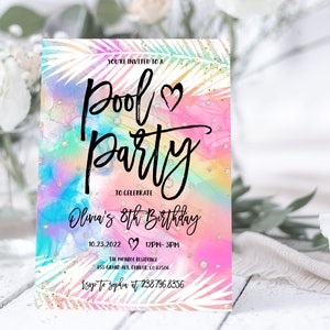 Editable Pool Party Invitation Template Pastel Rainbow Pool Birthday Party Instant Download Tie dye Summer Swimming Pool Party Invite BD05 image 4