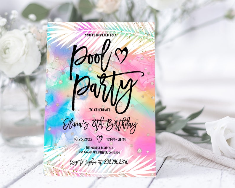 Editable Pool Party Invitation Template Pastel Rainbow Pool Birthday Party Instant Download Tie dye Summer Swimming Pool Party Invite BD05 image 4