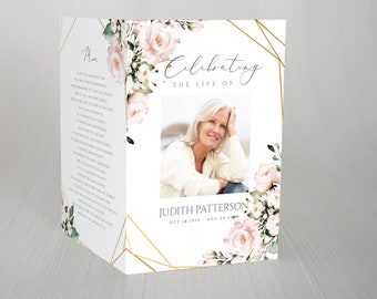 Editable Blush Floral Geometric Funeral Program Template Celebrating the Life of Funeral Program Celebration of Life Funeral Program FT06