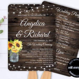 Rustic Wedding Program Template Sunflower Wedding Program Wedding Fans Sunflower Wedding Fan Program Rustic Fan Program Editable Program