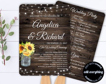 Rustic Wedding Program Template Sunflower Wedding Program Wedding Fans Sunflower Wedding Fan Program Rustic Fan Program Editable Program
