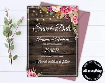 Floral Save the Date Wedding Template - Floral Wedding Save the Date - Rustic Save the Date Invite - Printable Save Date - Save Our Date