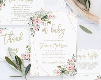 Pink Floral Gold Geometric Baby Shower Invitation Floral Baby Shower Invite Girl Baby Shower Invitation Gold Foil Baby Shower Invitation