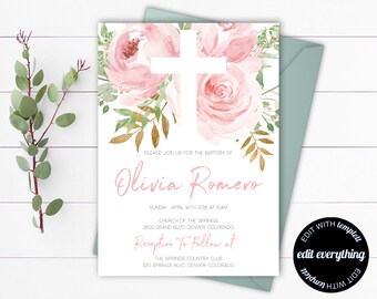 Pink Floral Baptism Invitation Template Girl Baptism Invitation Printable Baptism Invites Christening Invite Baby Girl Baptism Invitation