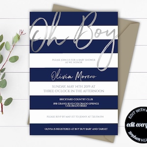 Blue Oh Boy Baby Shower Invitation Blue Striped Baby Shower Invite Boy Oh Boy Baby Shower Invitation Navy Stripes Baby Shower Invitation
