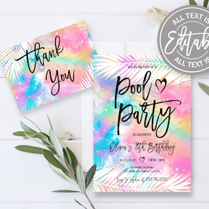 Editable Pool Party Invitation Template Pastel Rainbow Pool Birthday Party Instant Download Tie dye Summer Swimming Pool Party Invite BD05 image 3